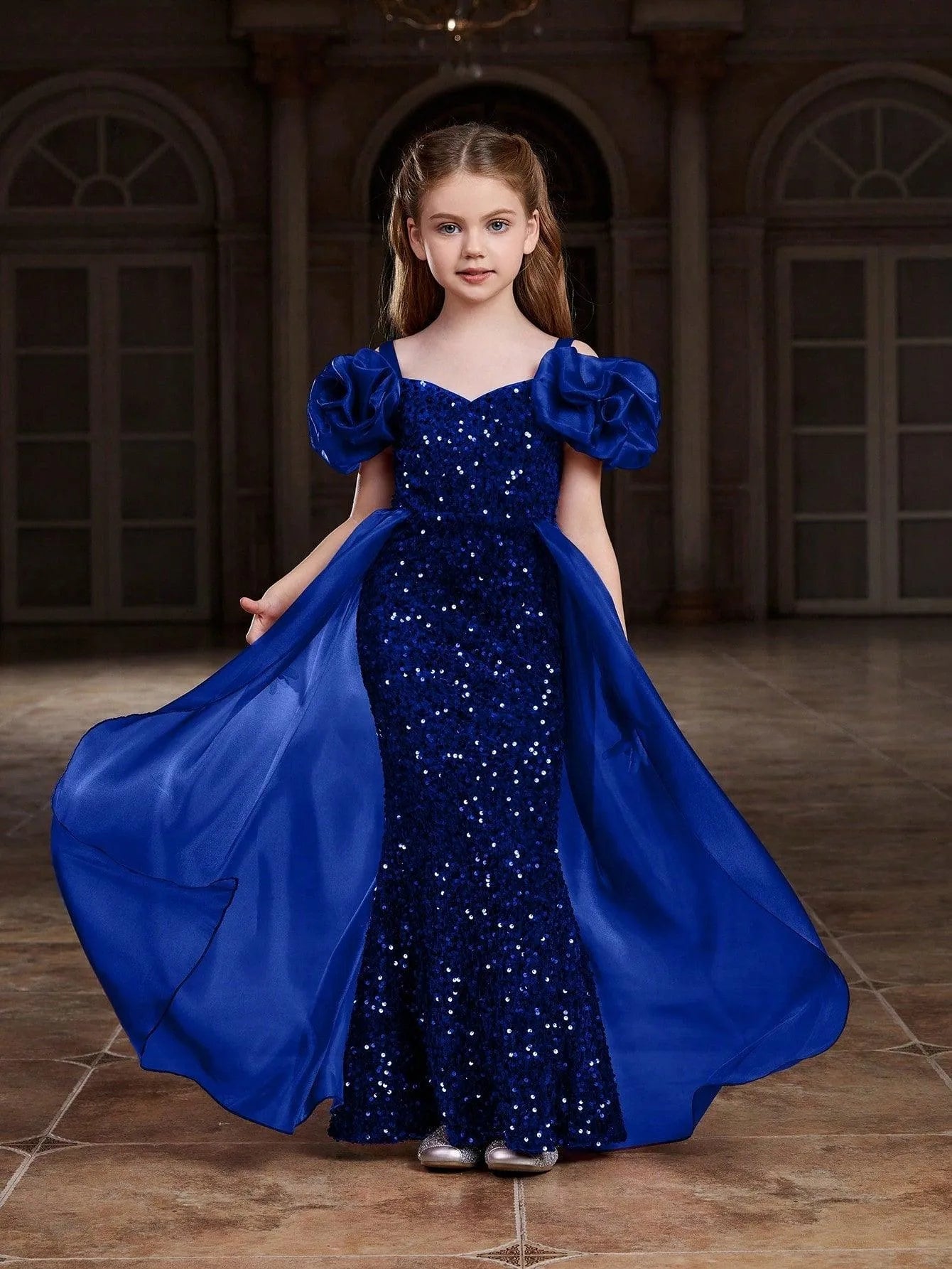 Additional product view of Mesh Overlay Sweetheart-Neck Sequin Mermaid Short-Sleeve Tween Girls' Party Dress