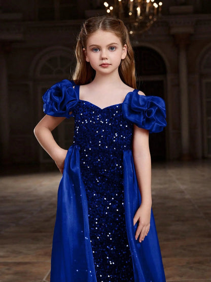 Additional product view of Mesh Overlay Sweetheart-Neck Sequin Mermaid Short-Sleeve Tween Girls' Party Dress