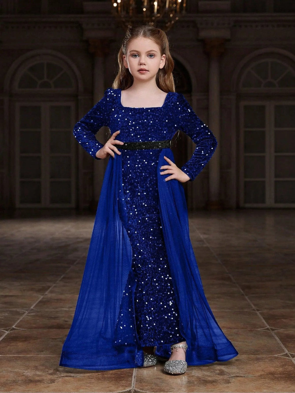 Alternate view of Square-Neck Sequin Mermaid Long-Sleeve Maxi Tween Girls' Party Dress in Royal Blue