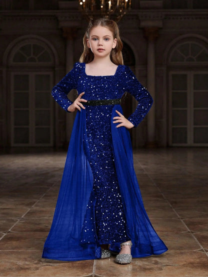 Alternate view of Square-Neck Sequin Mermaid Long-Sleeve Maxi Tween Girls' Party Dress in Royal Blue