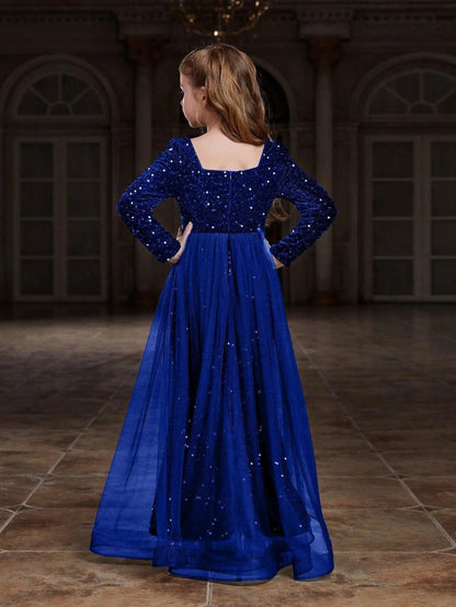 Additional product view of Square-Neck Sequin Mermaid Long-Sleeve Maxi Tween Girls' Party Dress