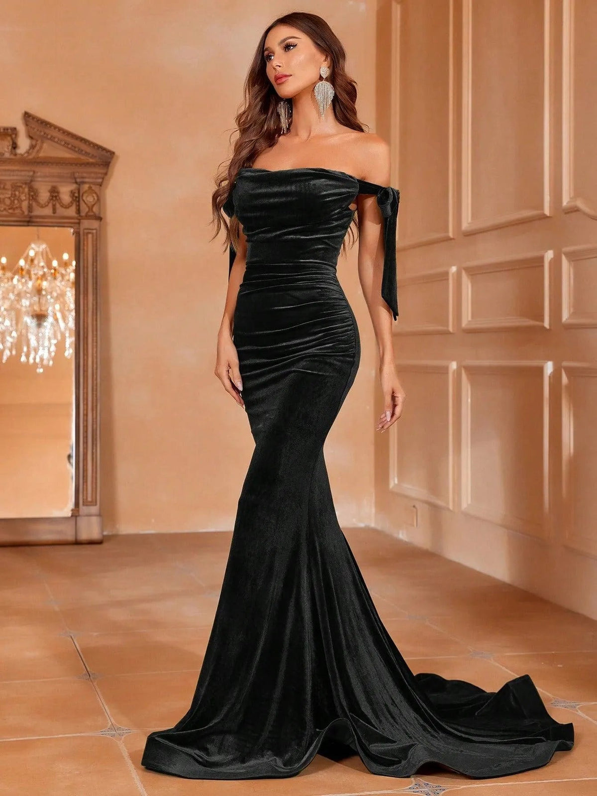 Additional product view of Off-Shoulder Velvet Mermaid Sleeveless Maxi Evening Gown