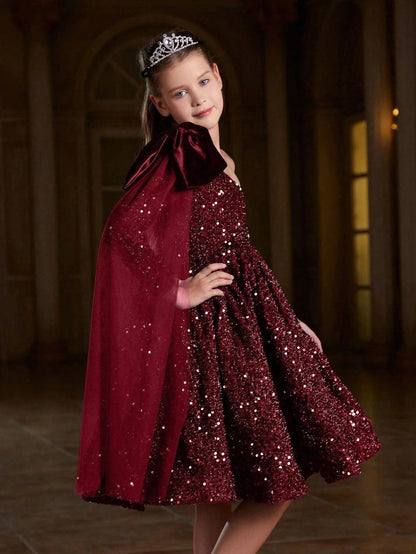 Additional product view of Bow Detail One-Shoulder Sequin A-Line Midi Tween Girls' Party Dress
