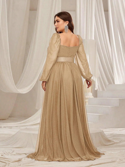 Plus Square Neck Lantern Sleeves Split Thigh Evening Dress – view 14