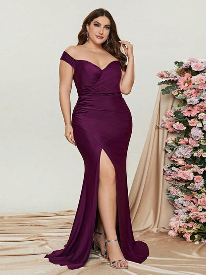 Additional product view of Ruched Wrap Plus-Size Off-Shoulder Knit High-Slit Evening Gown