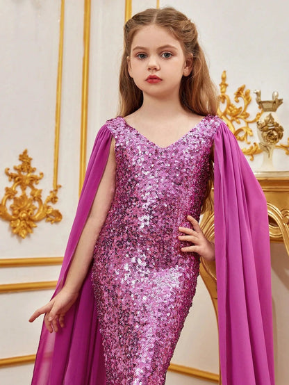 Additional product view of Cloak-Sleeve V-Neck Sequin Mermaid Chiffon Tween Girls' Party Dress