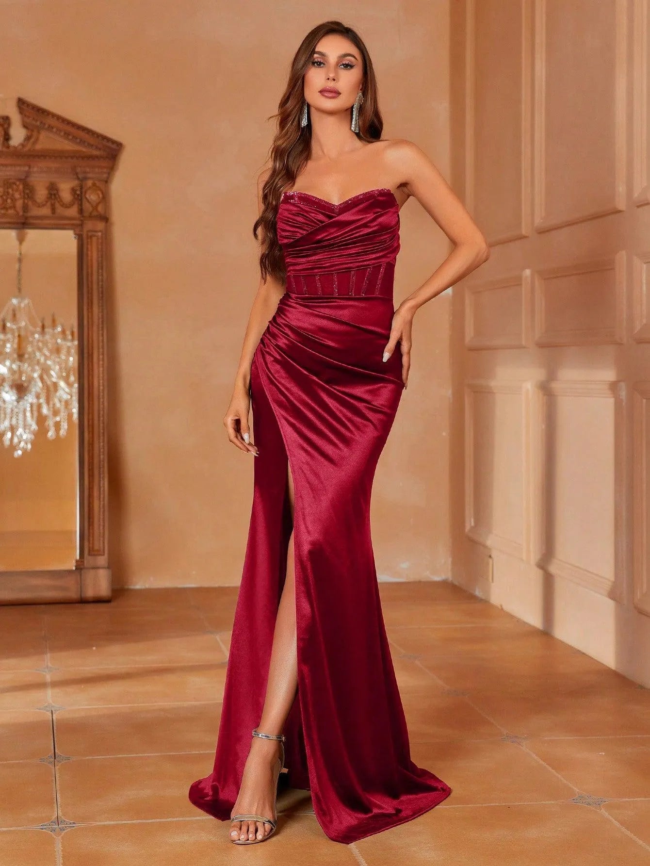 Additional product view of Ruched Wrap Mermaid Hem Strapless Satin High-Slit Evening Gown