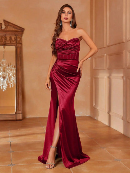 Additional product view of Ruched Wrap Mermaid Hem Strapless Satin High-Slit Evening Gown