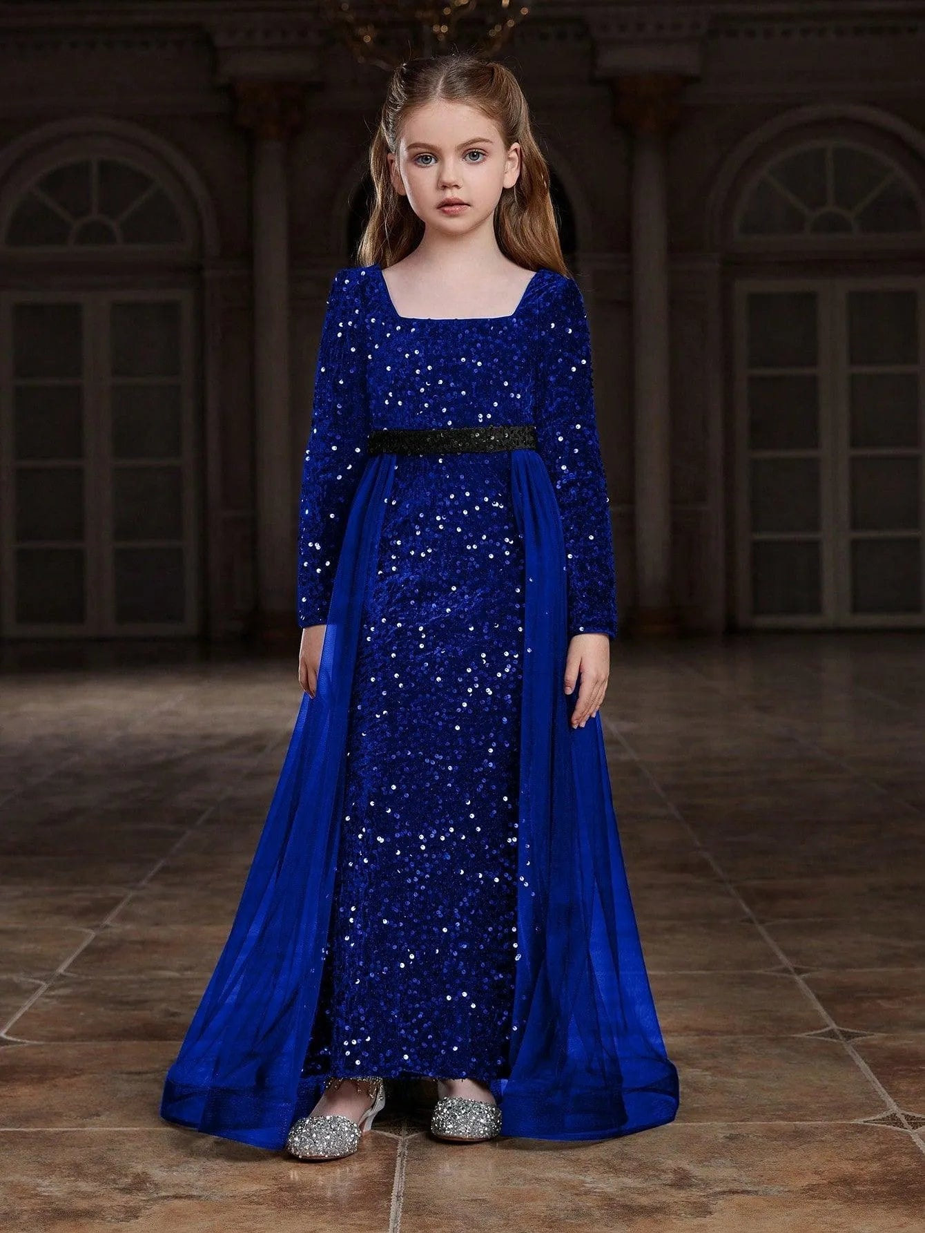 Additional product view of Square-Neck Sequin Mermaid Long-Sleeve Maxi Tween Girls' Party Dress