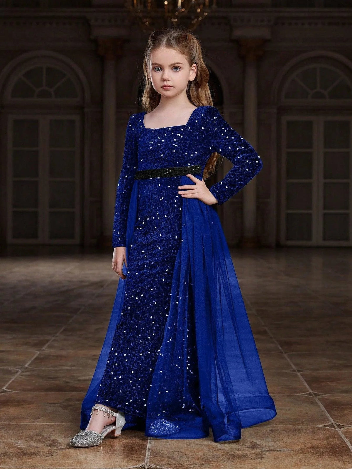 Additional product view of Square-Neck Sequin Mermaid Long-Sleeve Maxi Tween Girls' Party Dress