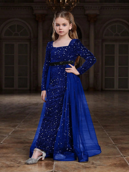 Additional product view of Square-Neck Sequin Mermaid Long-Sleeve Maxi Tween Girls' Party Dress
