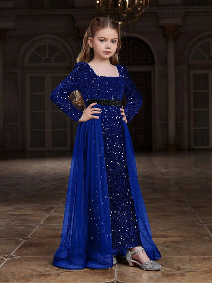 Additional product view of Square-Neck Sequin Mermaid Long-Sleeve Maxi Tween Girls' Party Dress