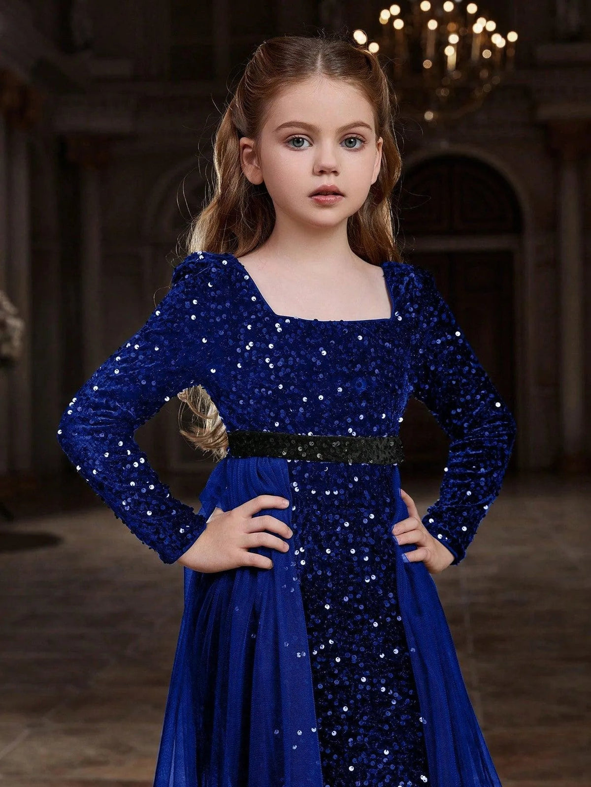Additional product view of Square-Neck Sequin Mermaid Long-Sleeve Maxi Tween Girls' Party Dress