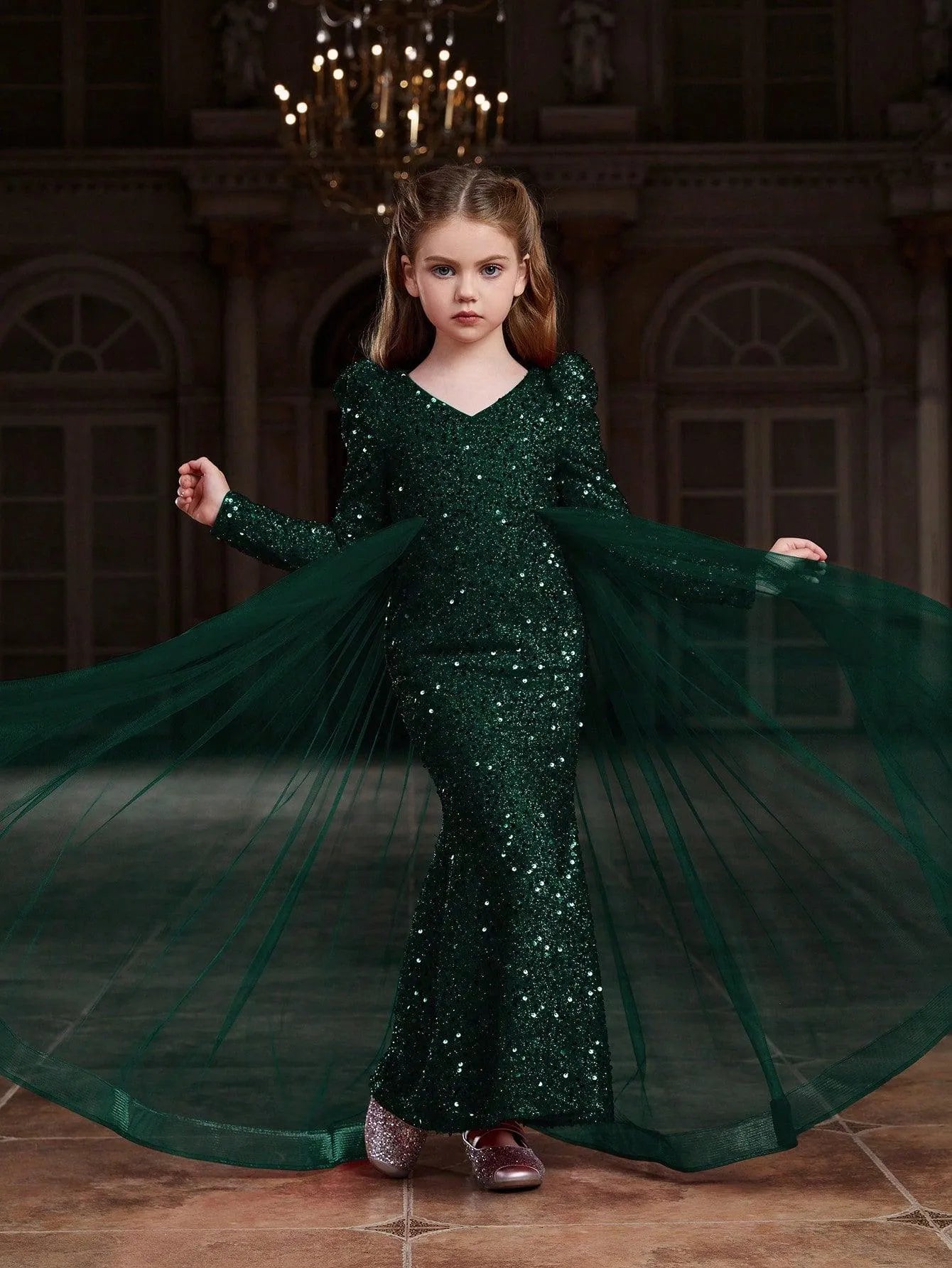 Alternate view of Mesh Overlay V-Neck Sequin Mermaid Long-Sleeve Tween Girls' Party Dress in Dark Green