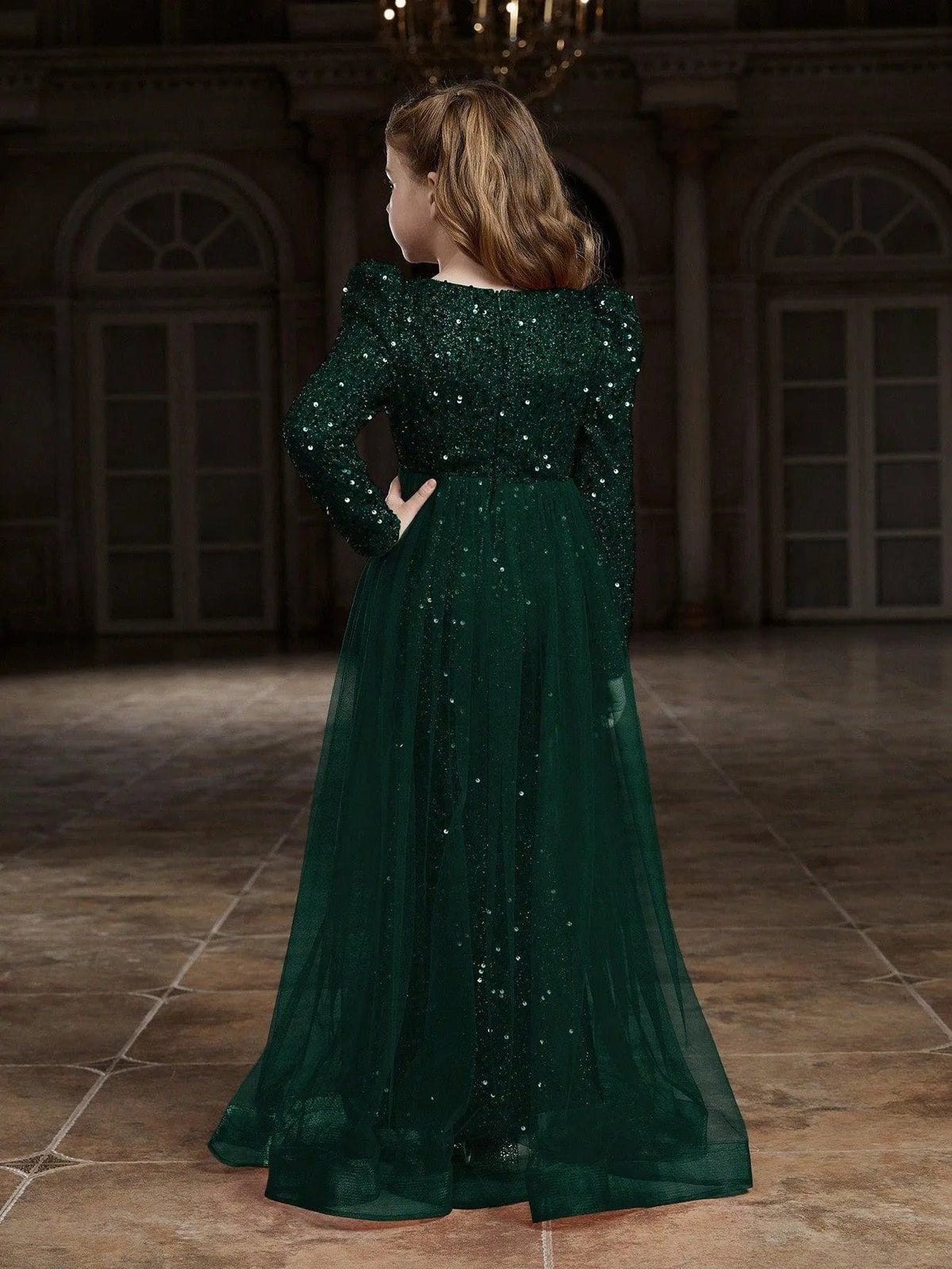 Additional product view of Mesh Overlay V-Neck Sequin Mermaid Long-Sleeve Tween Girls' Party Dress