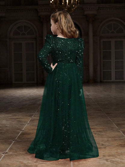 Additional product view of Mesh Overlay V-Neck Sequin Mermaid Long-Sleeve Tween Girls' Party Dress