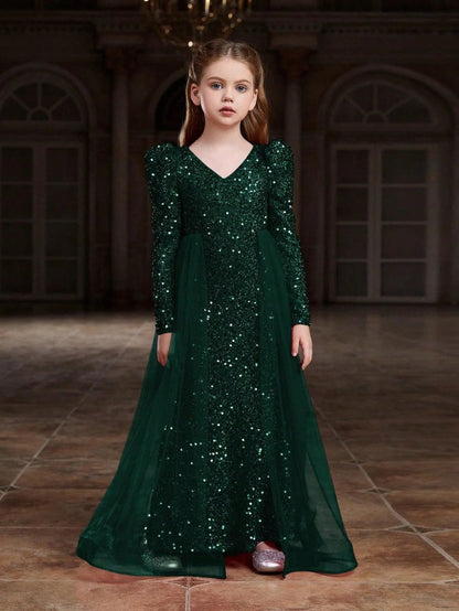 Additional product view of Mesh Overlay V-Neck Sequin Mermaid Long-Sleeve Tween Girls' Party Dress