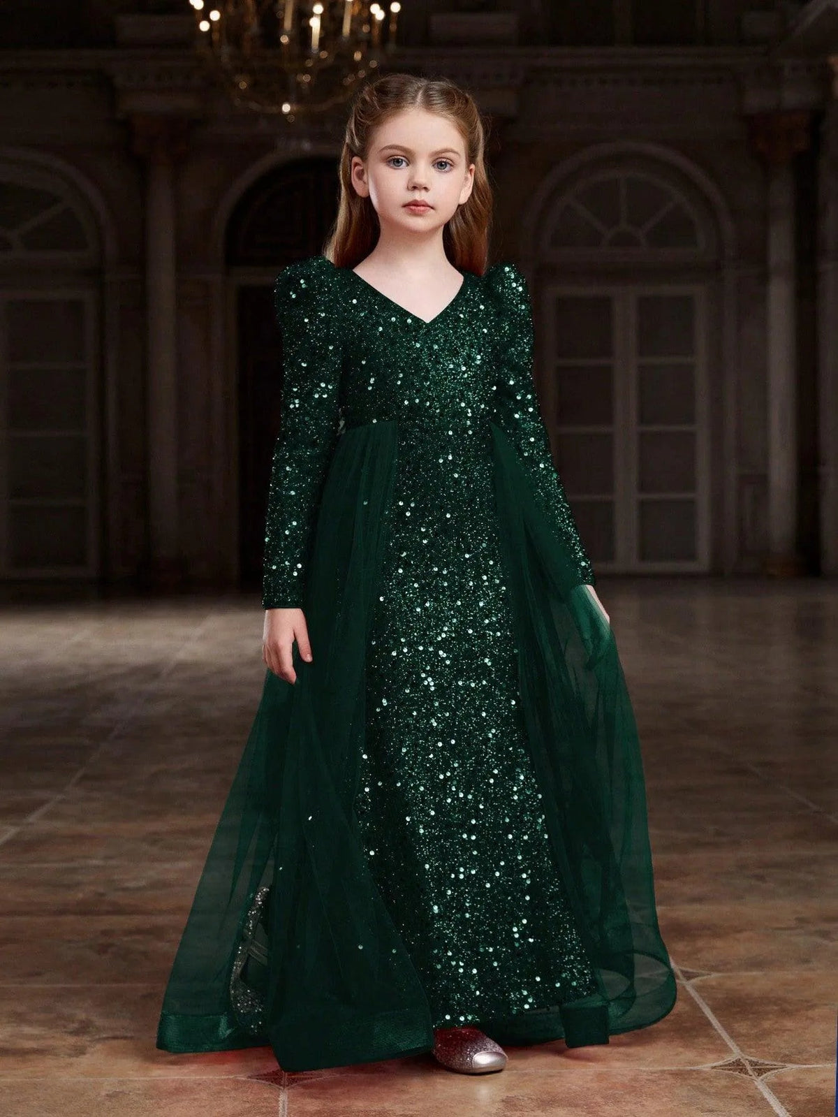 Additional product view of Mesh Overlay V-Neck Sequin Mermaid Long-Sleeve Tween Girls' Party Dress