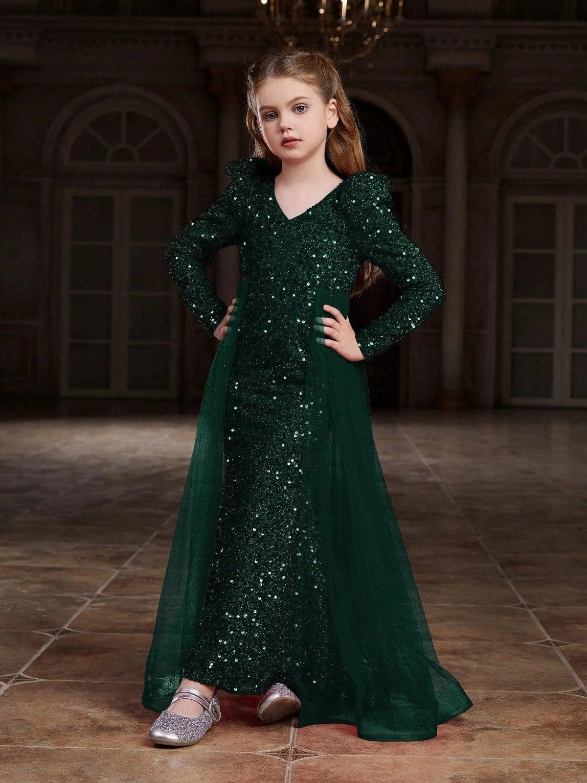 Additional product view of Mesh Overlay V-Neck Sequin Mermaid Long-Sleeve Tween Girls' Party Dress