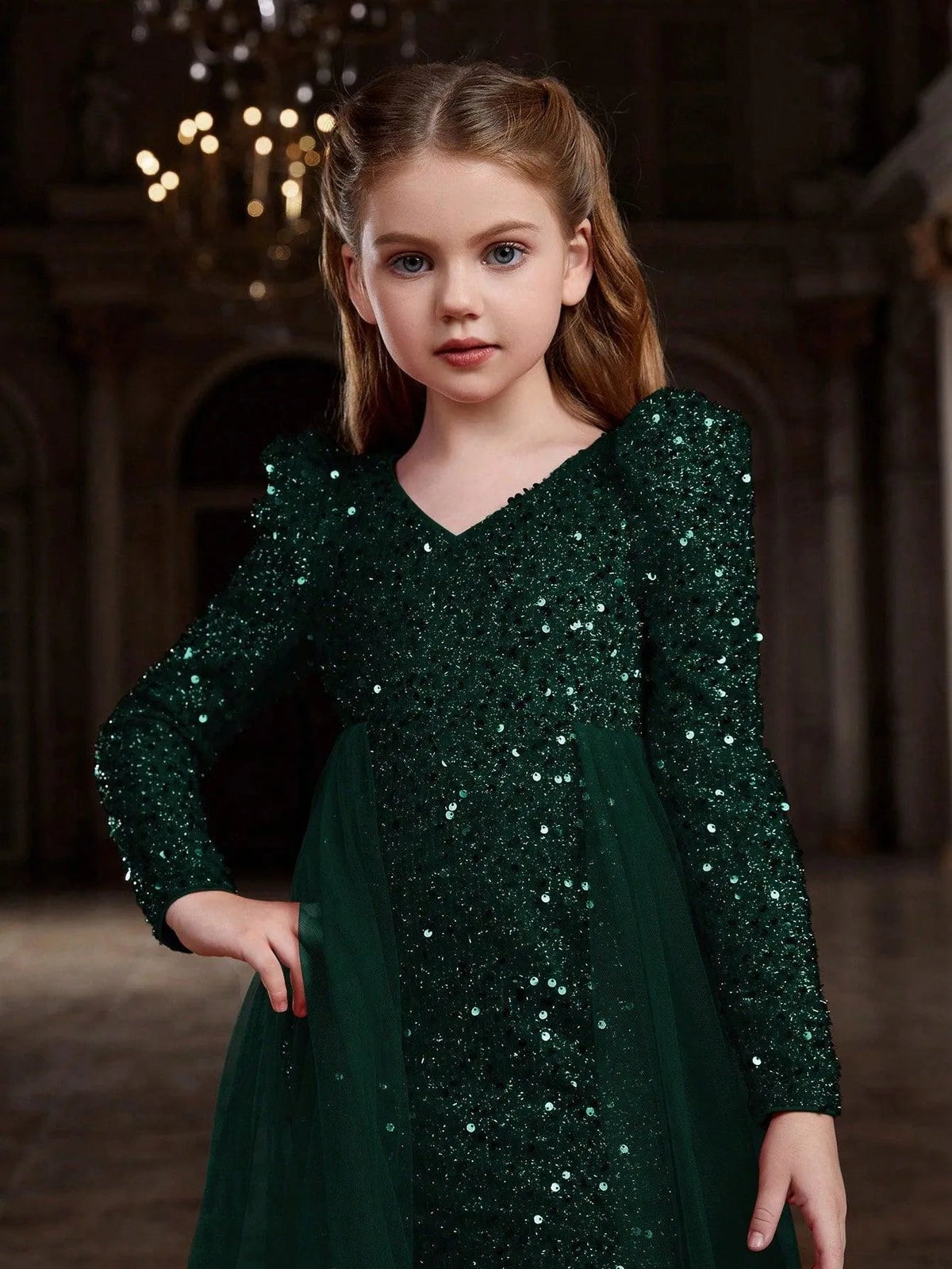 Additional product view of Mesh Overlay V-Neck Sequin Mermaid Long-Sleeve Tween Girls' Party Dress