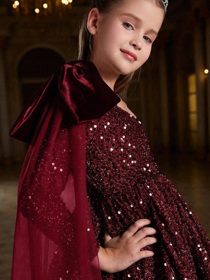 Additional product view of Bow Detail One-Shoulder Sequin A-Line Midi Tween Girls' Party Dress