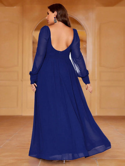 Plus Sweetheart Neck Backless Long Sleeve Chiffon A line Dress