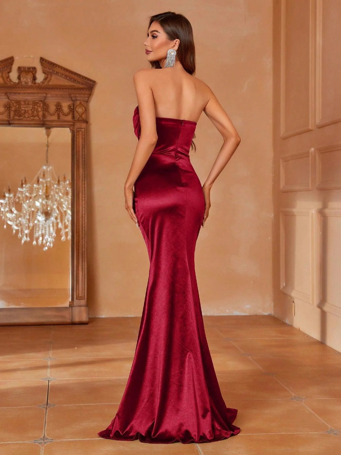 Additional product view of Ruched Wrap Mermaid Hem Strapless Satin High-Slit Evening Gown