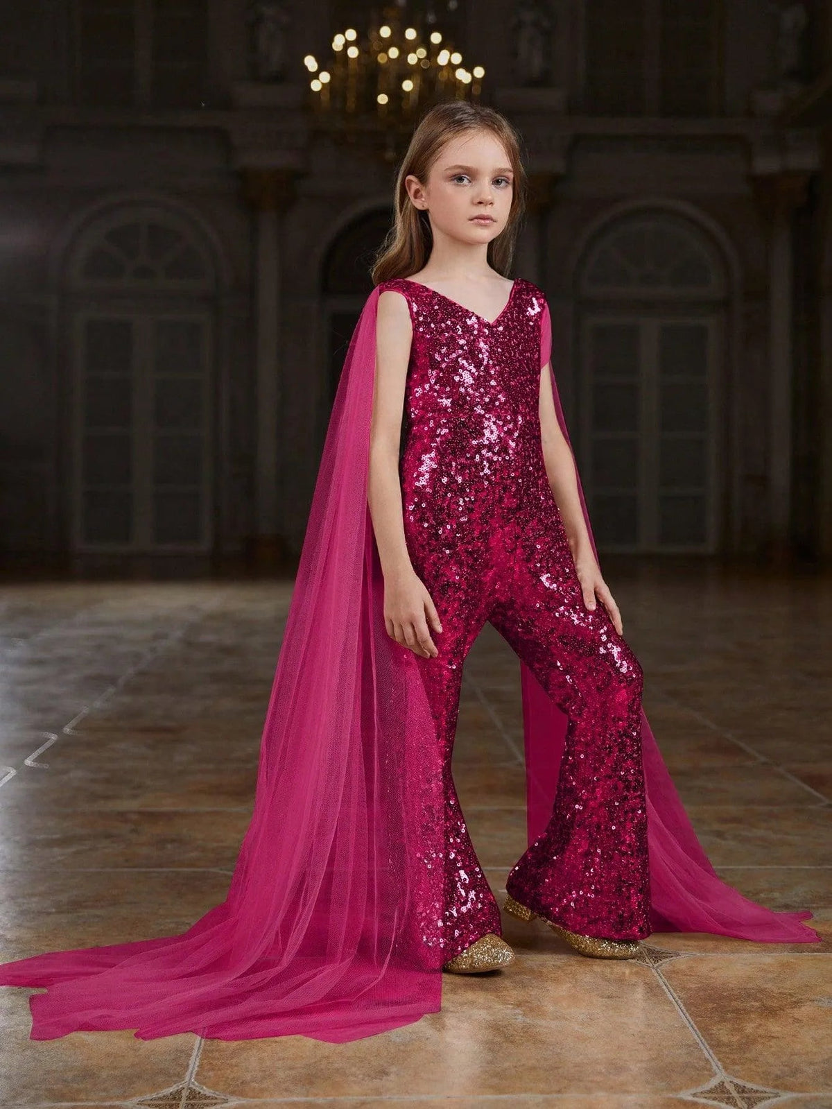 Additional product view of Cloak-Sleeve V-Neck Sequin Tween Girls' Party Jumpsuit