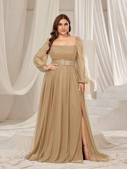 Plus Square Neck Lantern Sleeves Split Thigh Evening Dress – view 13