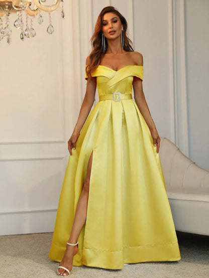 Alternate view of Belted Off-Shoulder Satin High-Slit A-Line Evening Gown in Yellow