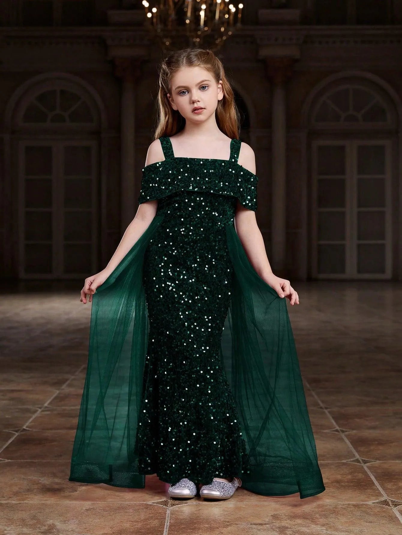 Alternate view of Mesh Overlay Off-Shoulder Sequin Mermaid Short-Sleeve Tween Girls' Party Dress in Dark Green
