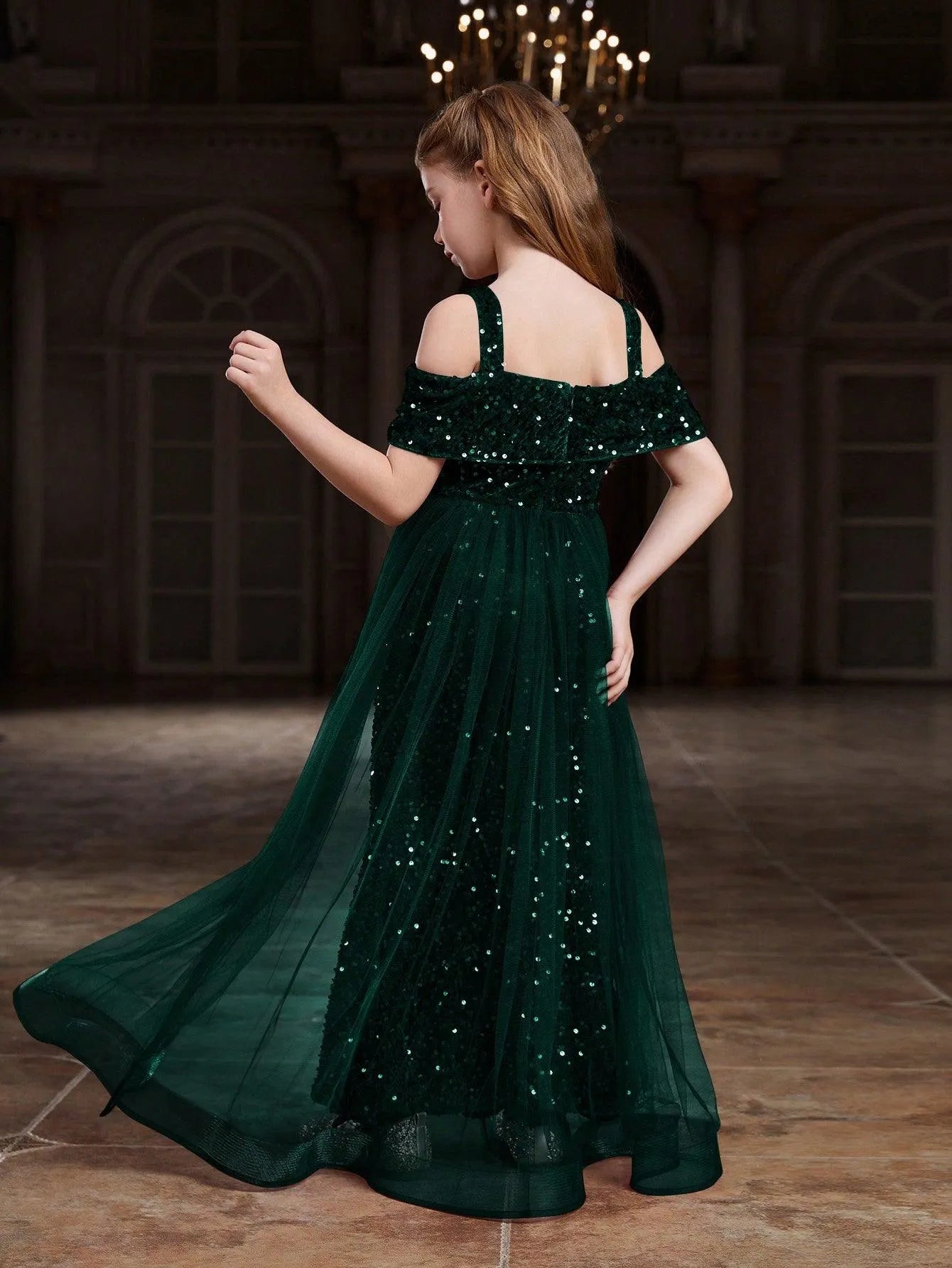 Additional product view of Mesh Overlay Off-Shoulder Sequin Mermaid Short-Sleeve Tween Girls' Party Dress