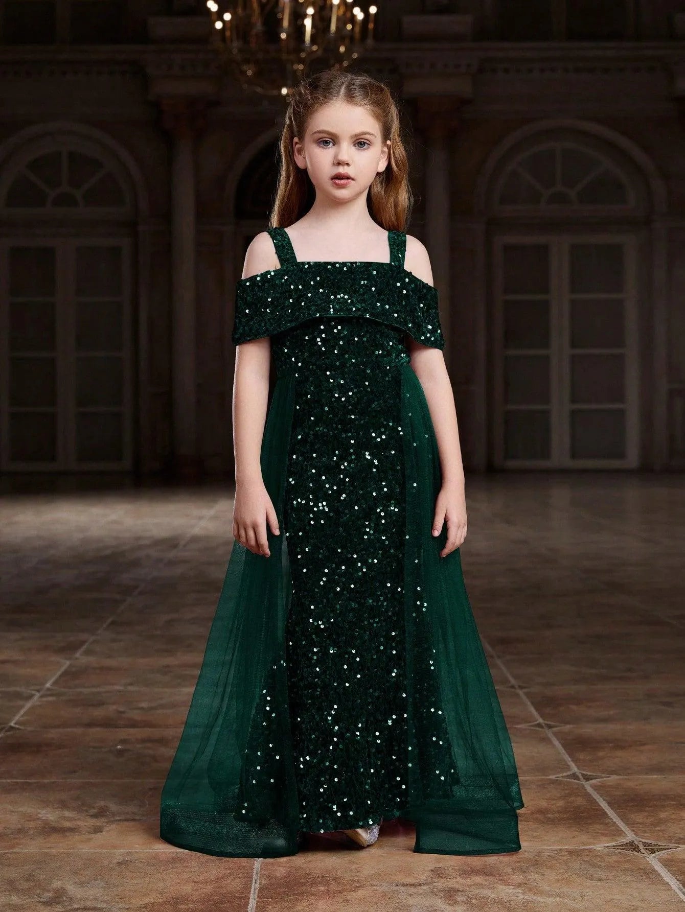 Additional product view of Mesh Overlay Off-Shoulder Sequin Mermaid Short-Sleeve Tween Girls' Party Dress