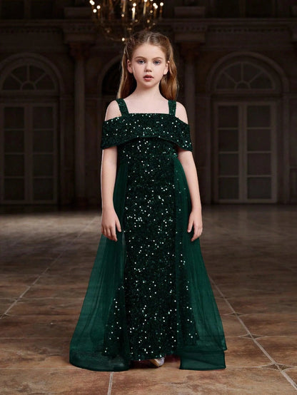 Additional product view of Mesh Overlay Off-Shoulder Sequin Mermaid Short-Sleeve Tween Girls' Party Dress
