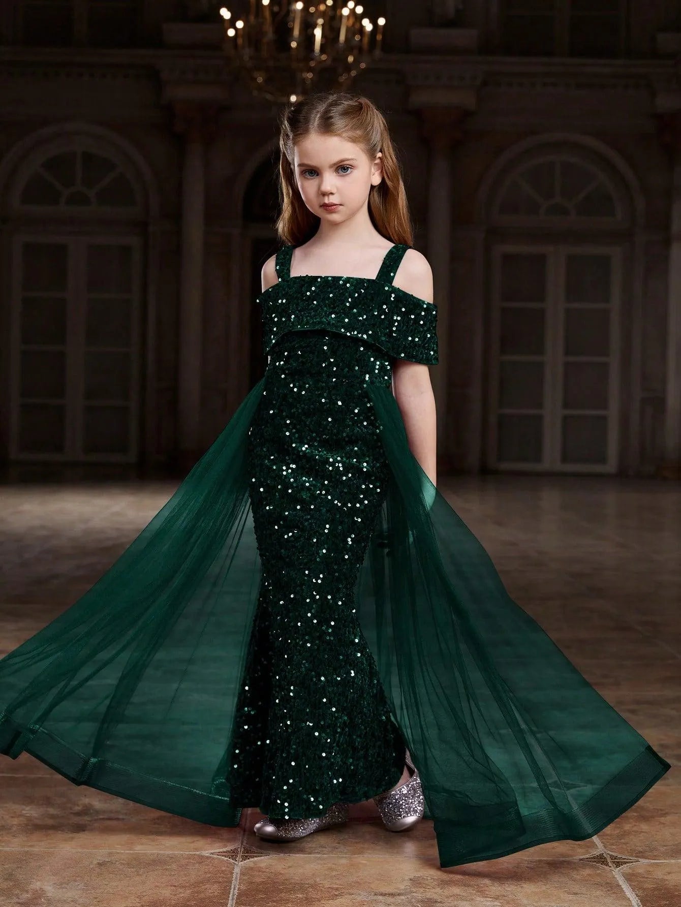 Additional product view of Mesh Overlay Off-Shoulder Sequin Mermaid Short-Sleeve Tween Girls' Party Dress