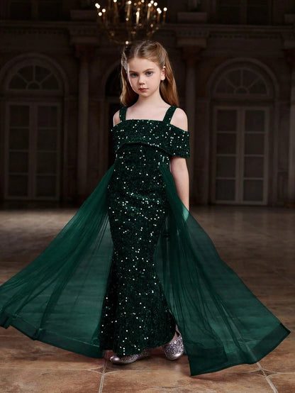 Additional product view of Mesh Overlay Off-Shoulder Sequin Mermaid Short-Sleeve Tween Girls' Party Dress