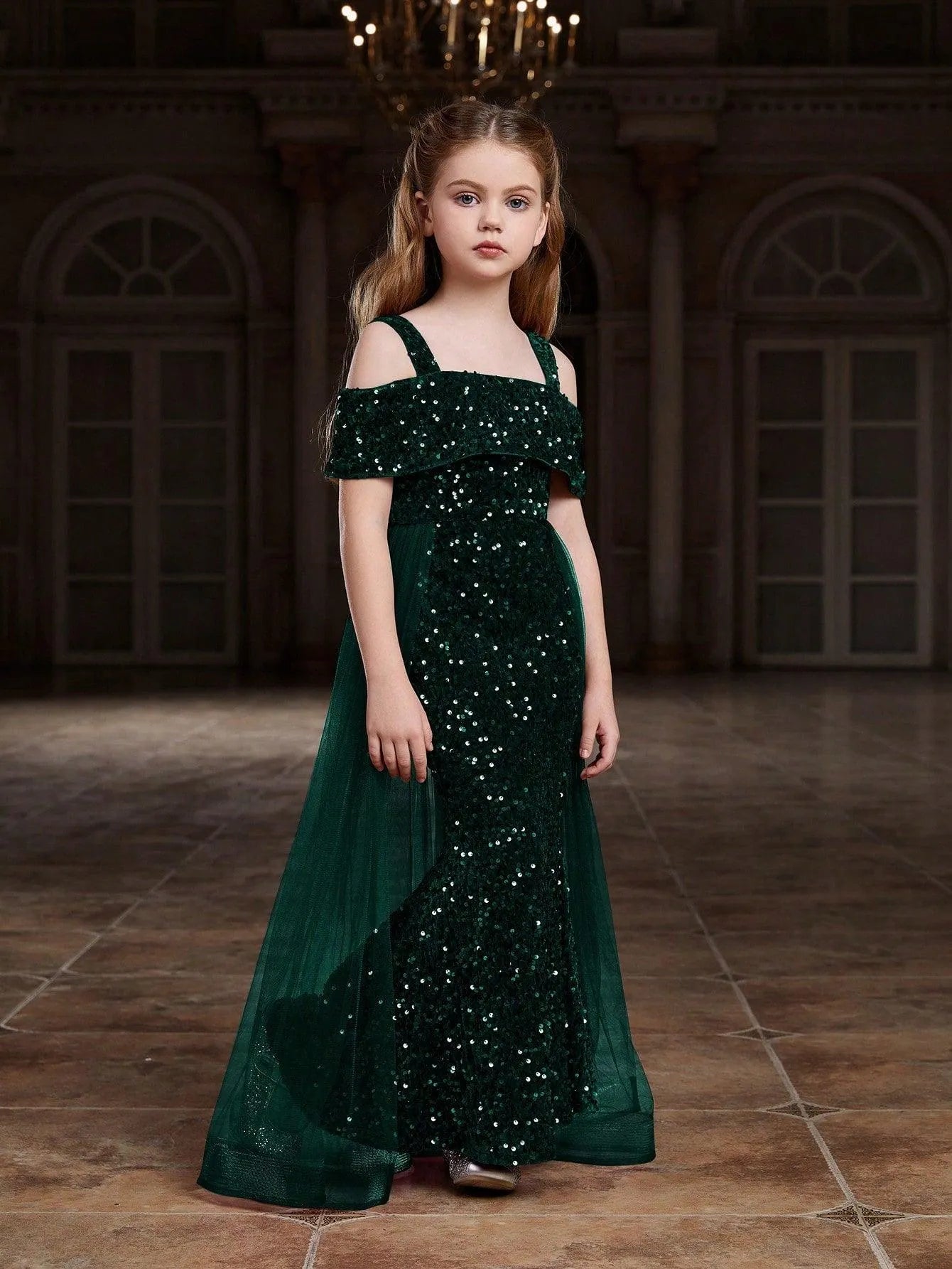 Additional product view of Mesh Overlay Off-Shoulder Sequin Mermaid Short-Sleeve Tween Girls' Party Dress