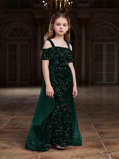 Additional product view of Mesh Overlay Off-Shoulder Sequin Mermaid Short-Sleeve Tween Girls' Party Dress