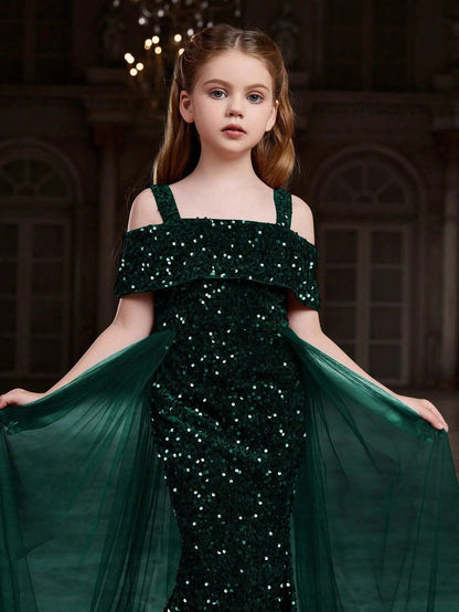 Additional product view of Mesh Overlay Off-Shoulder Sequin Mermaid Short-Sleeve Tween Girls' Party Dress