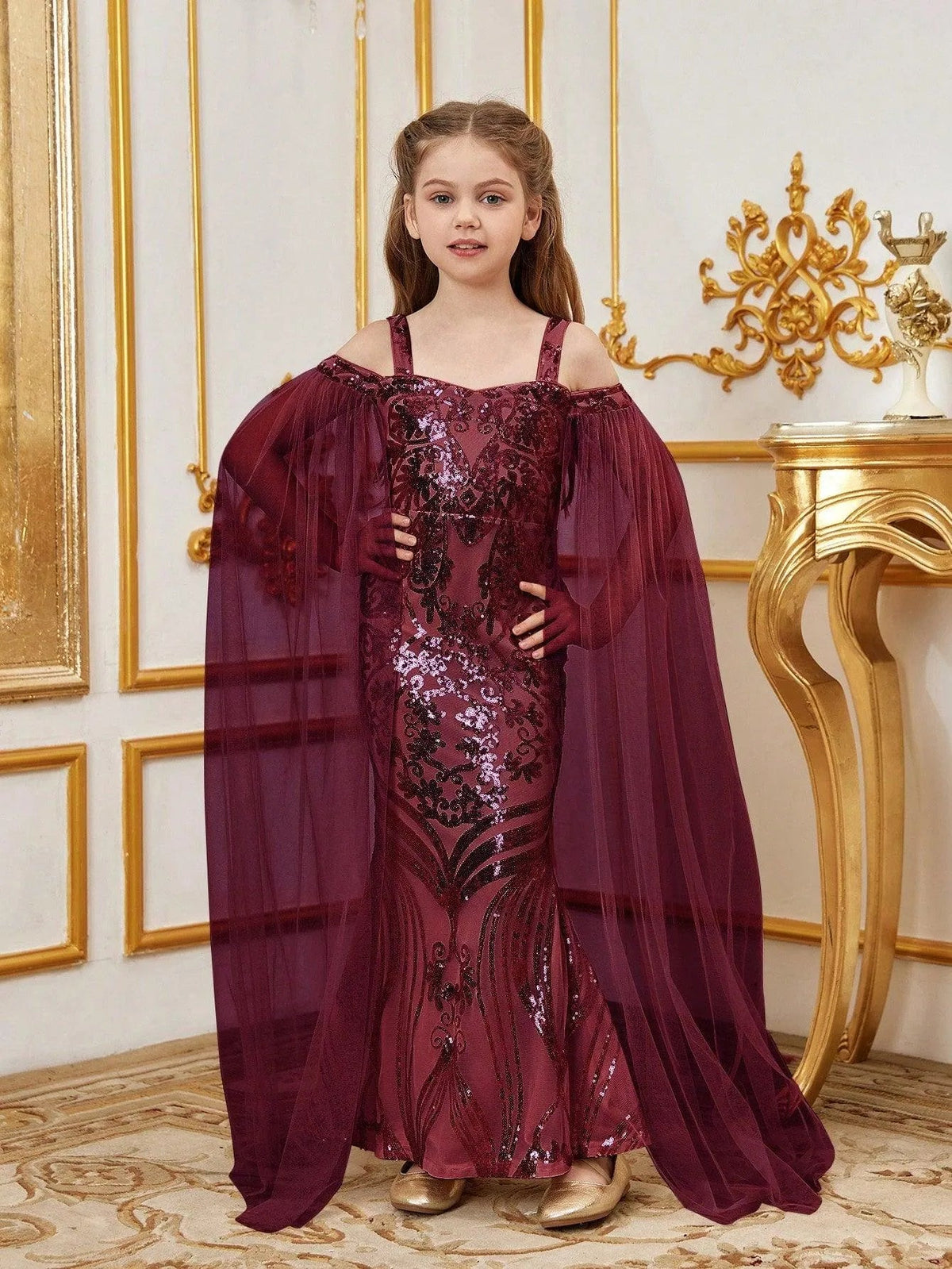 Alternate view of Cloak-Sleeve Off-Shoulder Sequin Mermaid Maxi Tween Girls' Party Dress in Burgundy