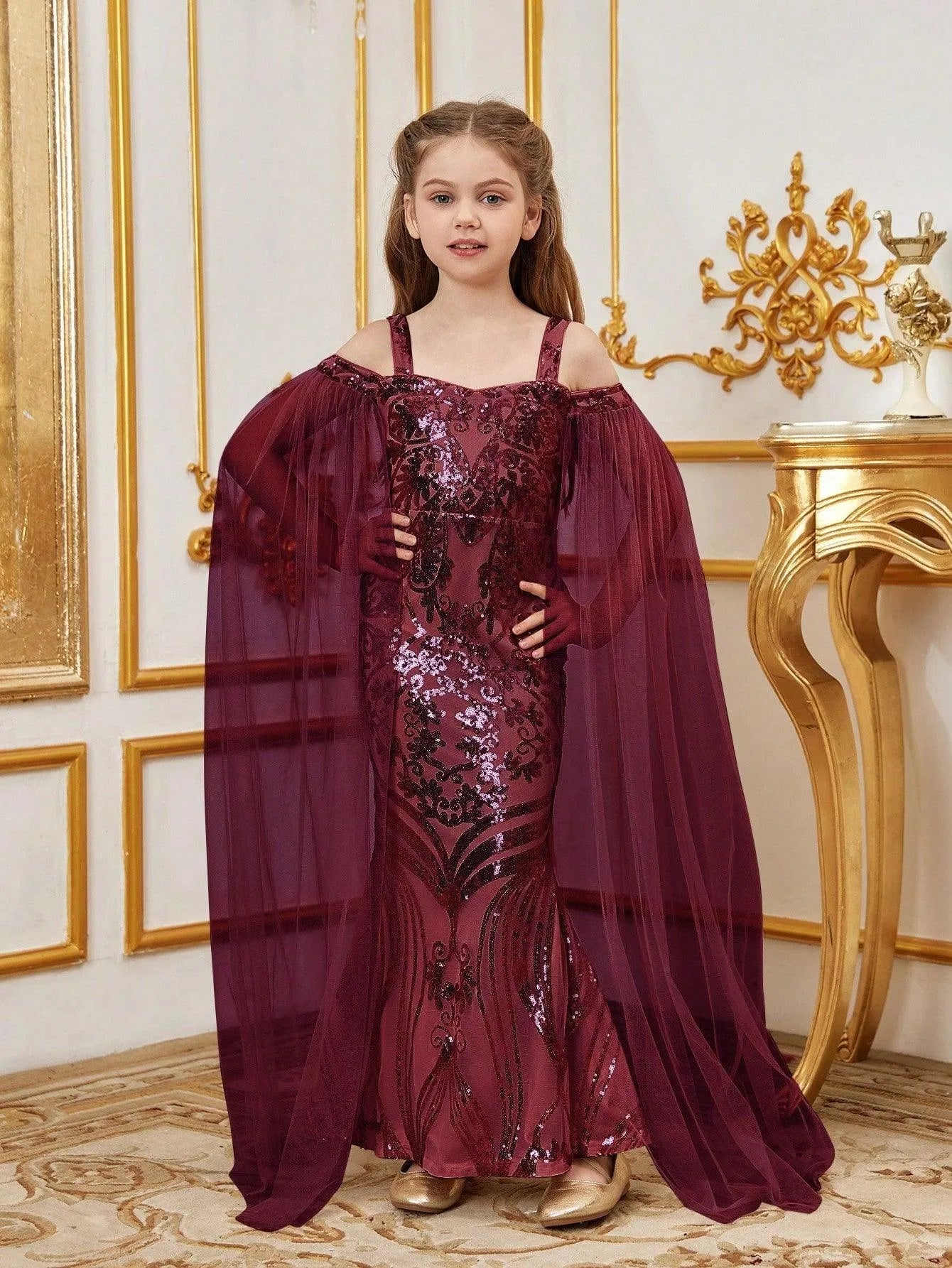 Alternate view of Cloak-Sleeve Off-Shoulder Sequin Mermaid Maxi Tween Girls' Party Dress in Burgundy