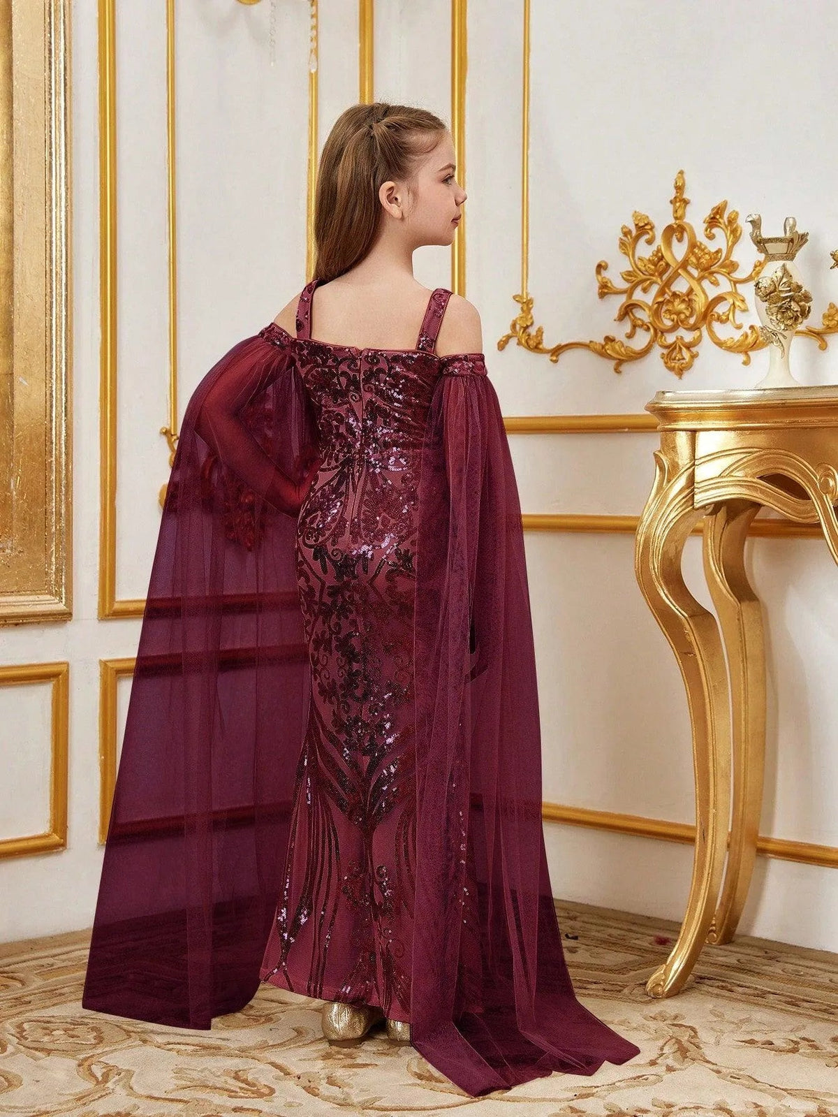 Additional product view of Cloak-Sleeve Off-Shoulder Sequin Mermaid Maxi Tween Girls' Party Dress