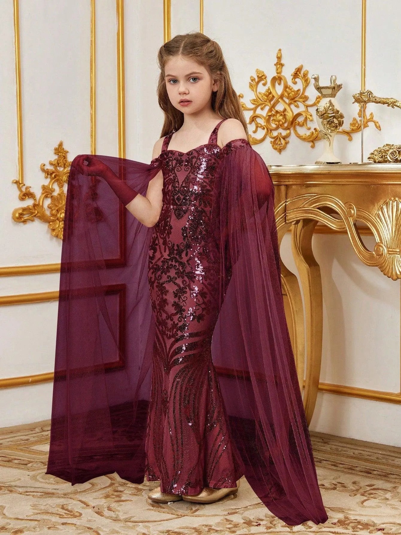 Additional product view of Cloak-Sleeve Off-Shoulder Sequin Mermaid Maxi Tween Girls' Party Dress