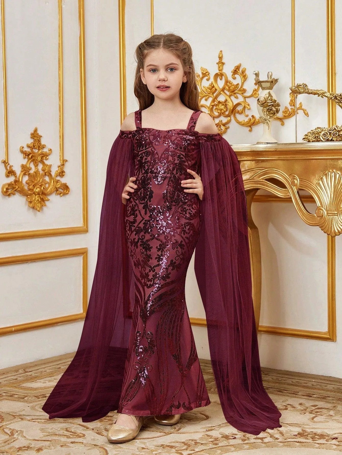 Additional product view of Cloak-Sleeve Off-Shoulder Sequin Mermaid Maxi Tween Girls' Party Dress