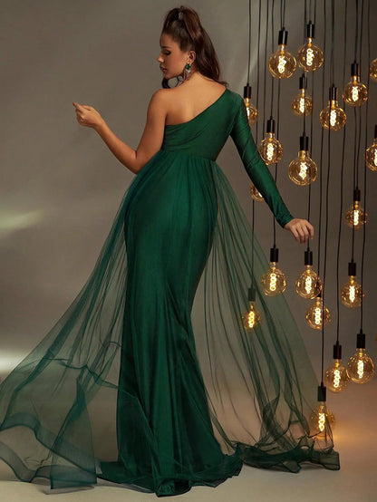 Additional product view of Contrast Mesh One-Shoulder Knit Cutout Mermaid Evening Gown