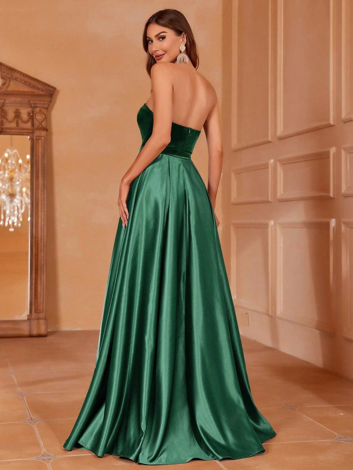 Additional product view of Velvet Bodice Strapless Satin High-Slit A-Line Evening Gown