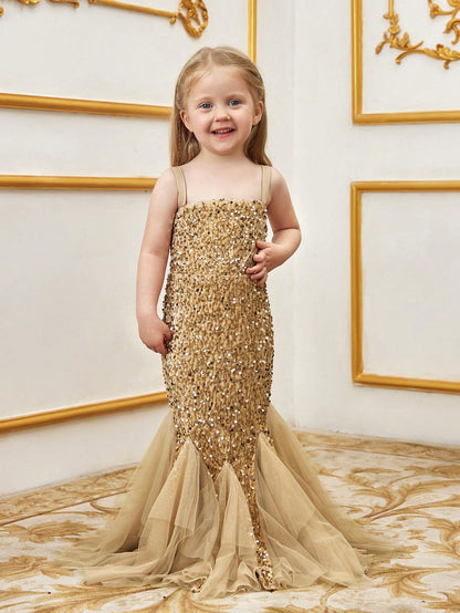 Young Girls' Sleeveless Mesh Overlay Sequin Mermaid Party Dress – view 10