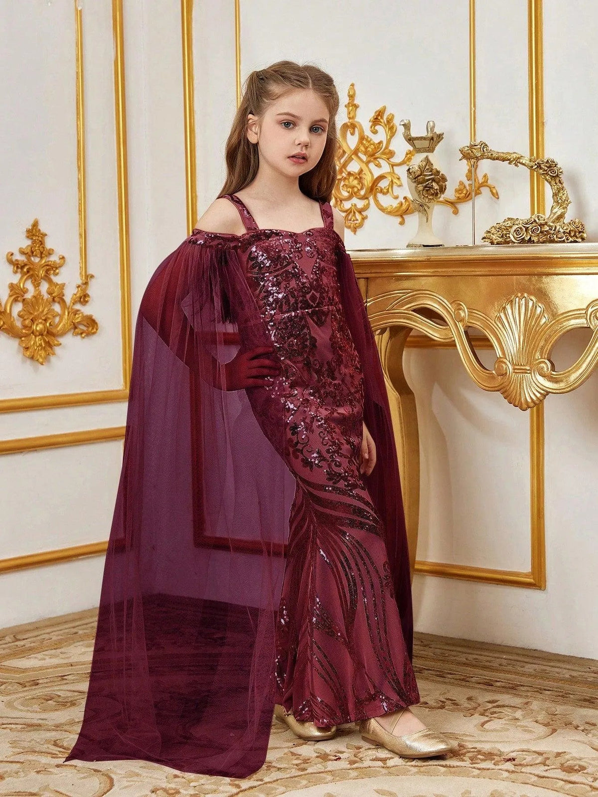 Additional product view of Cloak-Sleeve Off-Shoulder Sequin Mermaid Maxi Tween Girls' Party Dress