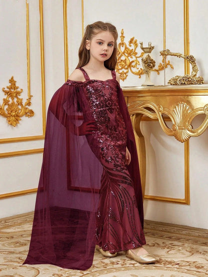 Additional product view of Cloak-Sleeve Off-Shoulder Sequin Mermaid Maxi Tween Girls' Party Dress