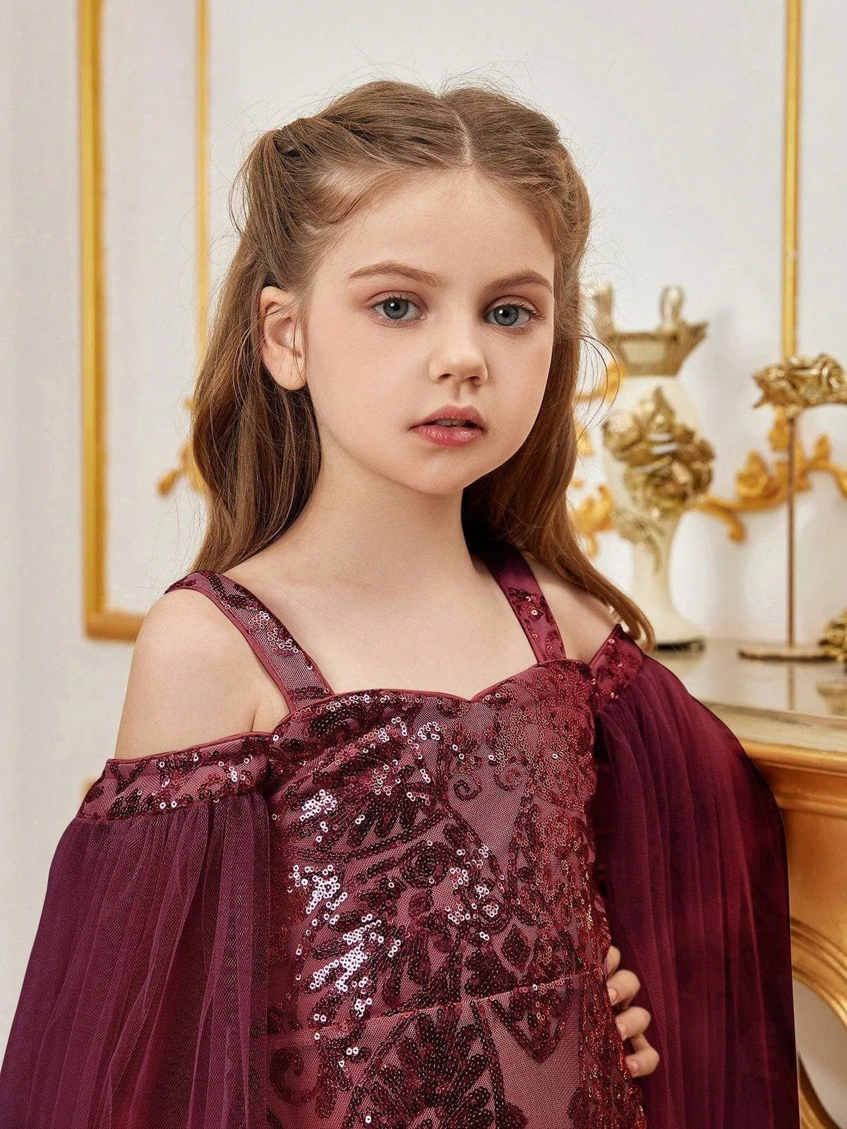Additional product view of Cloak-Sleeve Off-Shoulder Sequin Mermaid Maxi Tween Girls' Party Dress